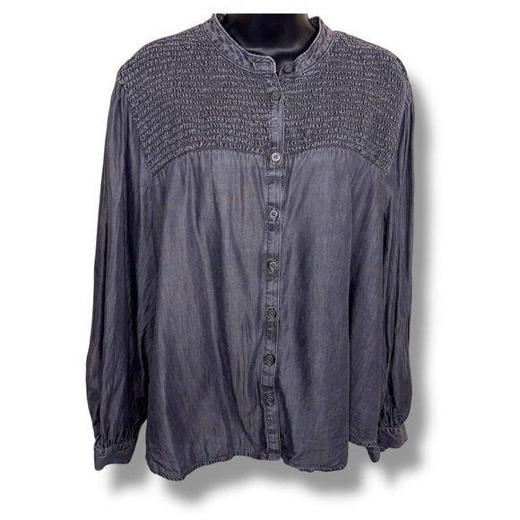 XL Grey Denim Lyocell Long Sleeve Top Womens Peasant Blouse Smocked Accent - Picture 1 of 14
